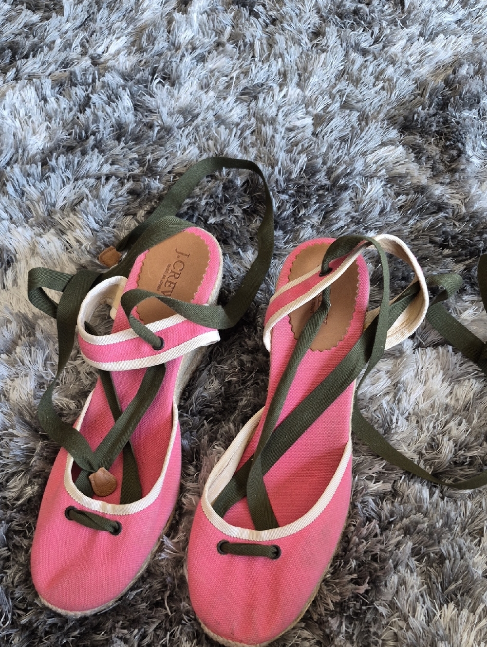 J. Crew Pink Canvas Espadrille Lace-Up Flats with Olive Straps